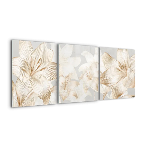 Trittico "Fiori Goldwhite": Eleganza Floreale in Bianco e Oro Rosa su Vetro