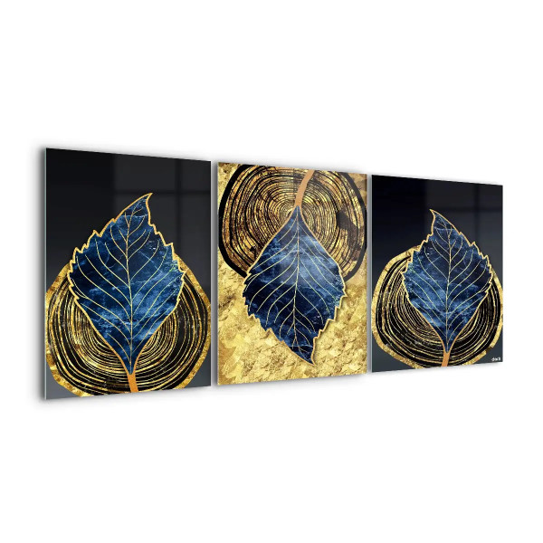 Trittico "Foglie GoldBlue": Eleganza Naturale in Blu e Oro su Vetro